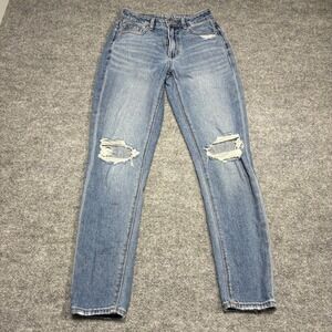 American‎ Eagle Mom Jeans Womens Sz.00 Light Wash Distressed Denim High Rise